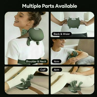 Collage of a green massage device being used on various parts of the body with text indicating different usage areas.