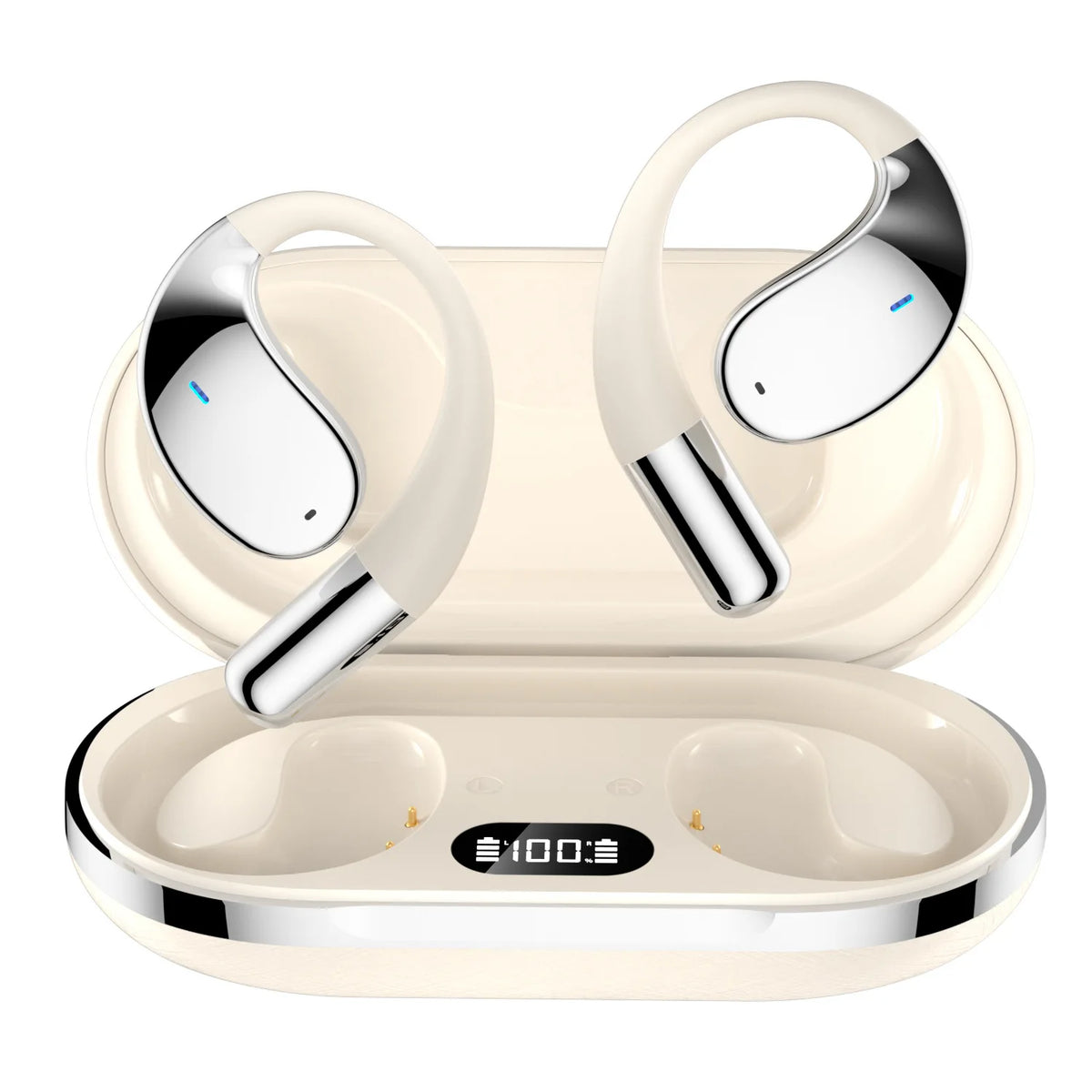 Wireless earbuds with charging case on a white background