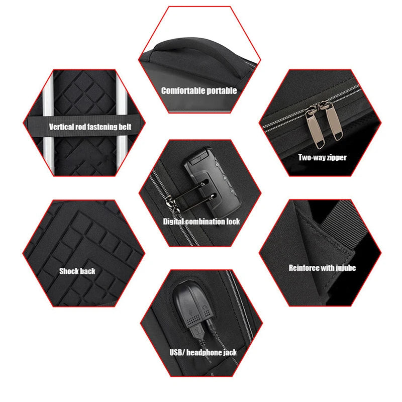 Hexagonal grid showing features of a black bag with text labels.