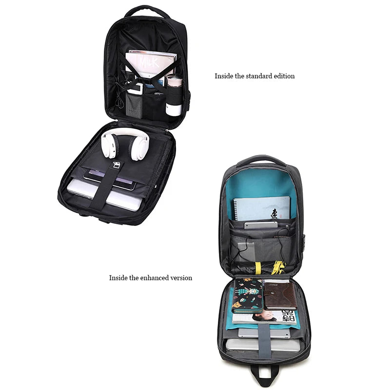 Two backpacks, one standard and one enhanced, with compartments filled with items on a white background.