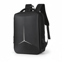 Black backpack with a logo on a white background