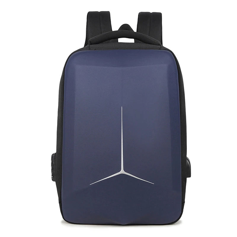 Blue backpack with a brand logo on a white background