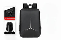 Black backpack with anti-theft password lock and travel strap features on a white background