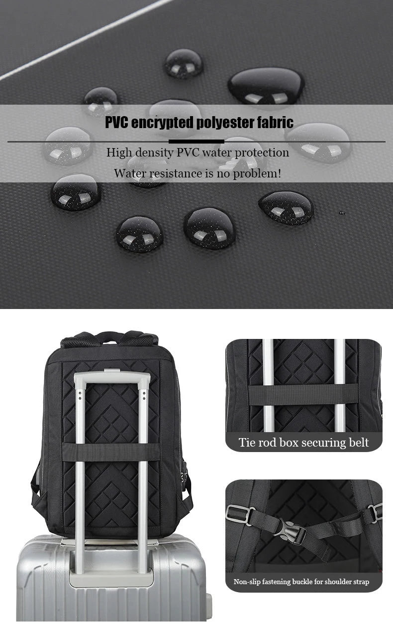 Black backpack with rolling wheels and security belt features, water resistance demonstration.