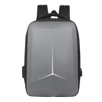 Gray backpack with a logo on a white background