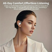 Woman wearing wireless earbuds with text about comfort and ease of use