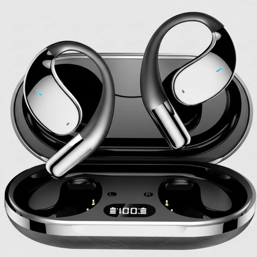 Wireless earbuds with charging case on a white background