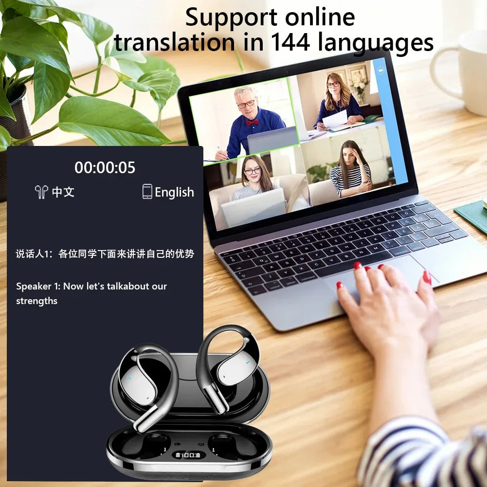 Laptop with video call interface and wireless earbuds on a desk, with text about language translation capabilities.
