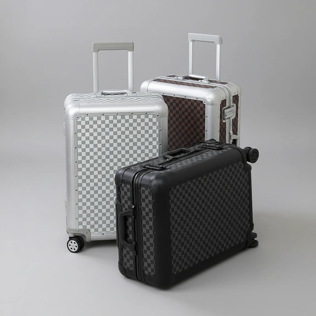 Three suitcases of different sizes on a light-colored floor with a white curtain in the background.
