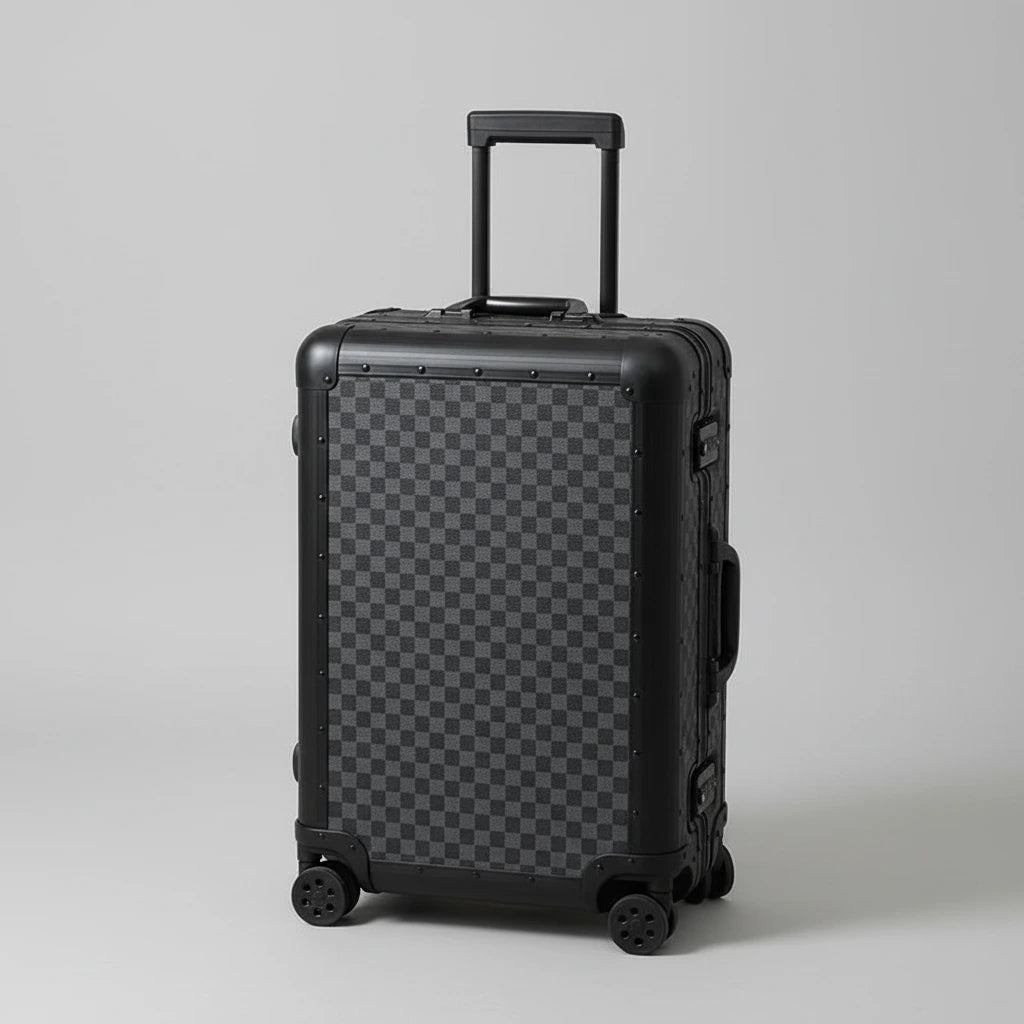 Black checkered suitcase on a light gray floor with a white curtain background