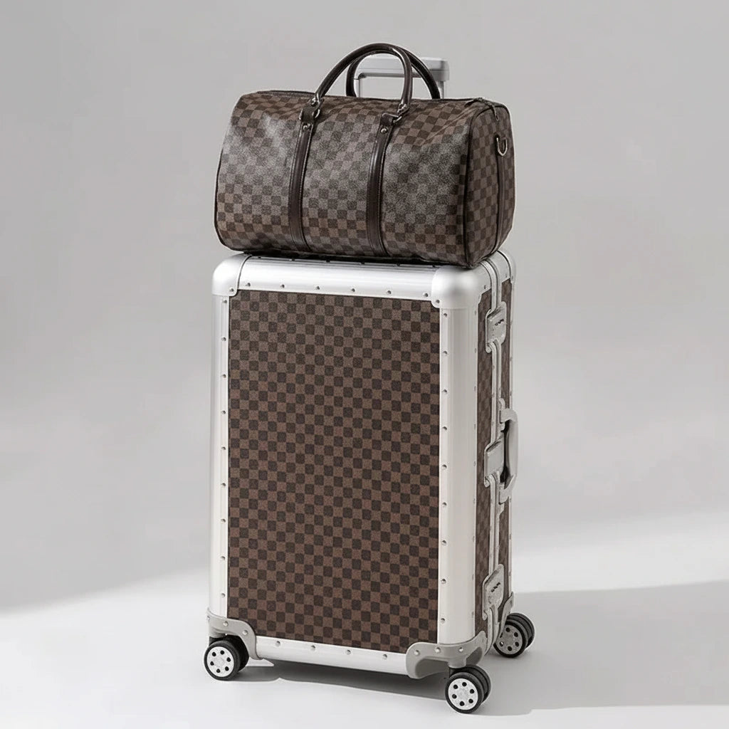 Checkered luggage set with a duffel bag on a beige background