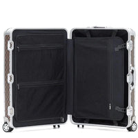Open suitcase with checkered pattern on a white background