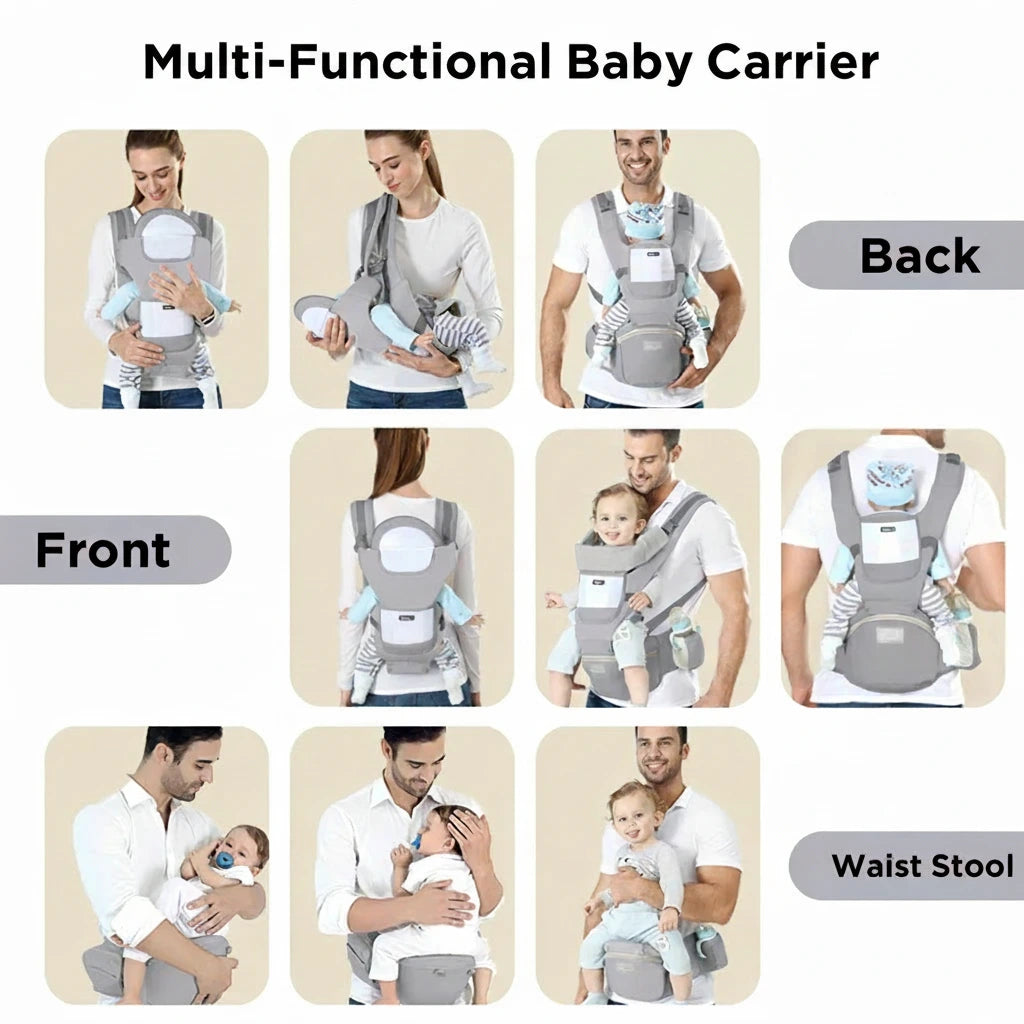 Multi-functional baby carrier shown in various usage scenarios including front, back, and waist stool.