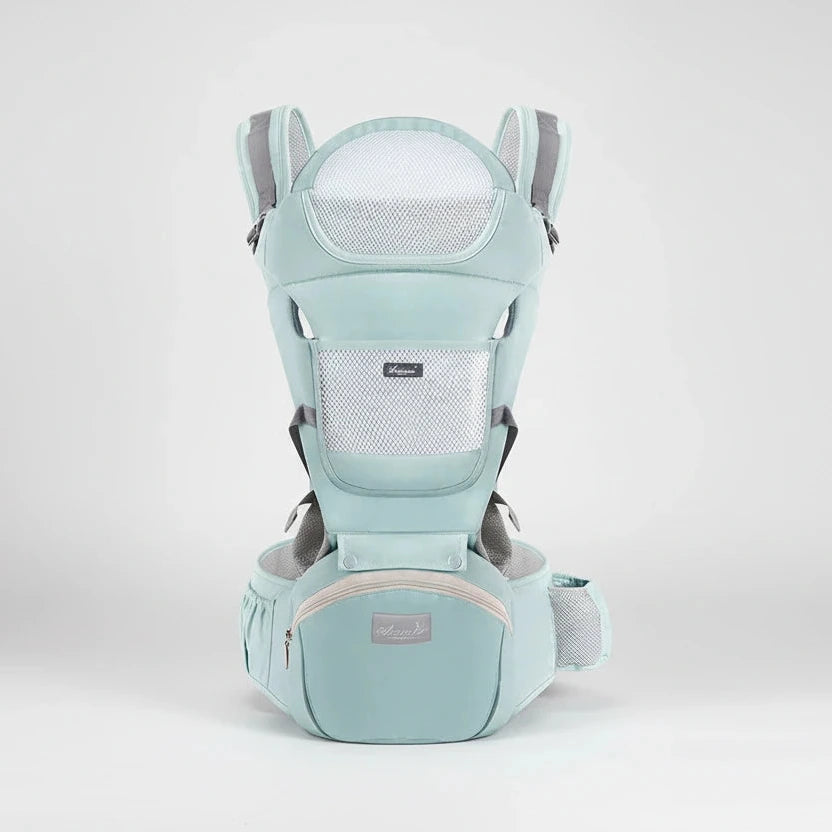 Light blue baby carrier with gray accents on a white background