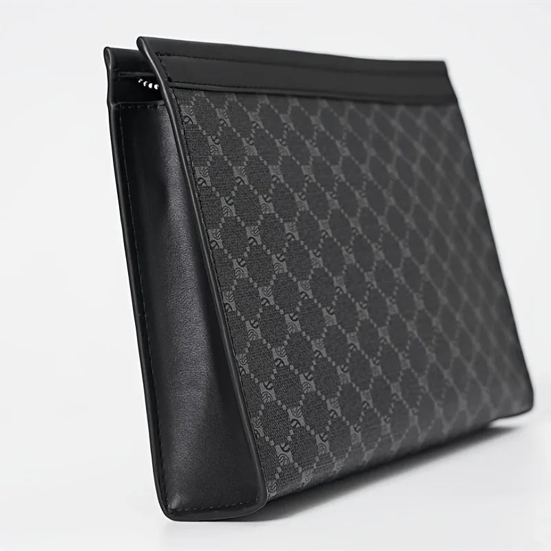 Black patterned clutch bag on a light gray background