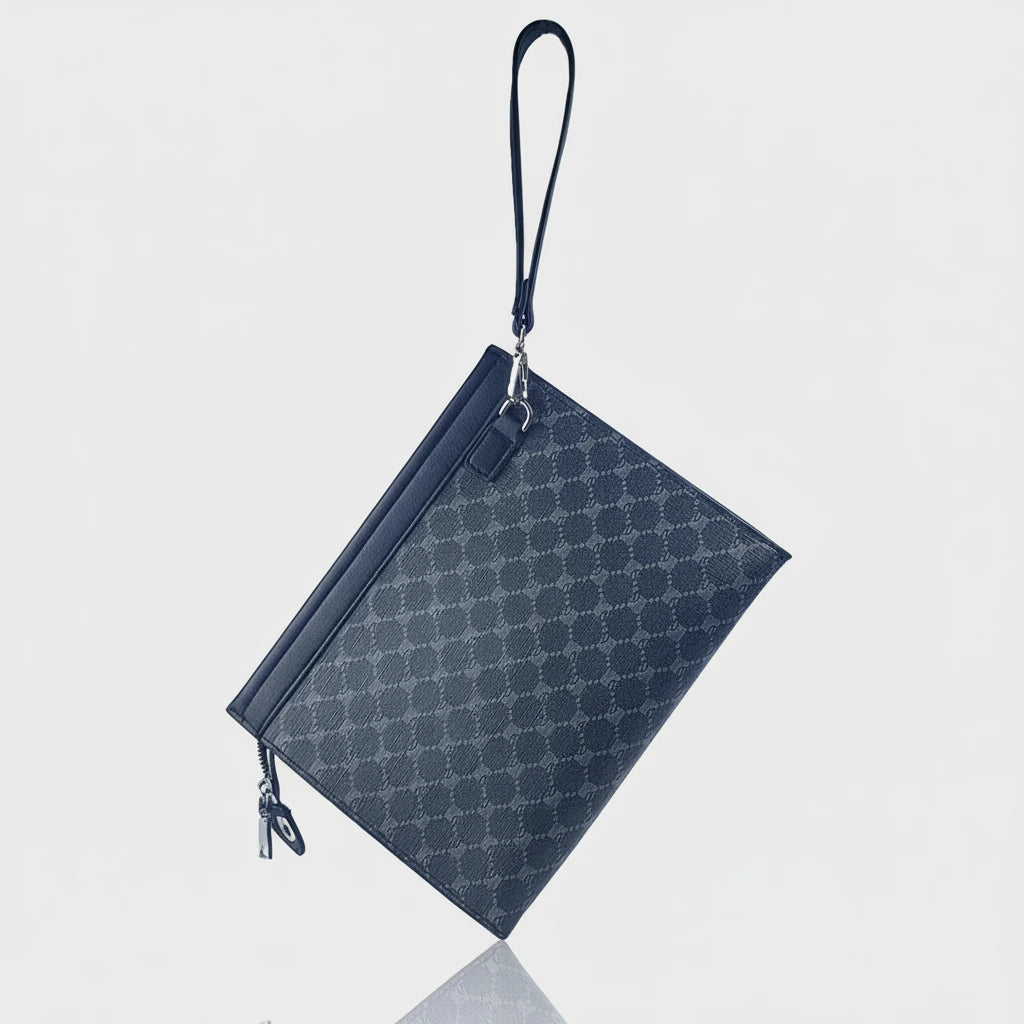 Blue patterned pouch with a strap on a white background