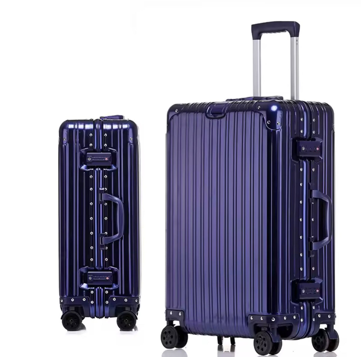 Two blue suitcases with a white background