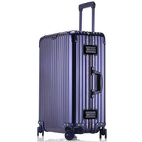 Purple suitcase with handle and wheels on a white background