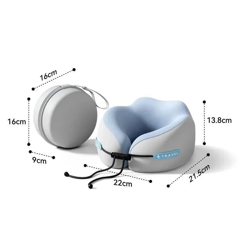 Travel pillow with dimensions on a white background