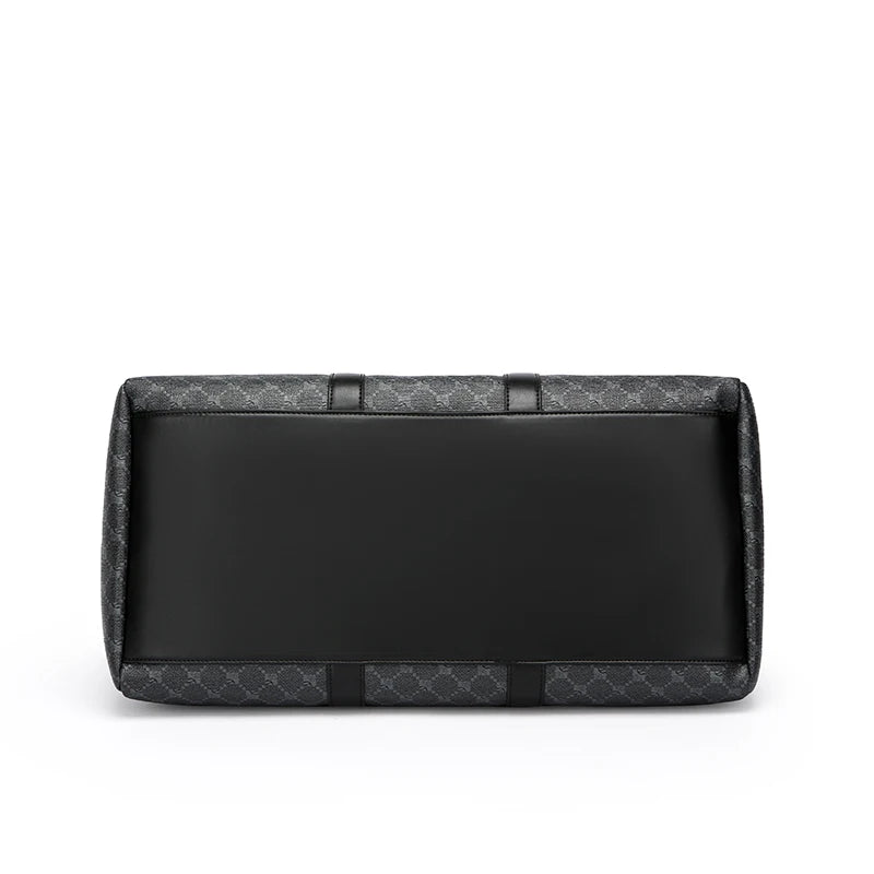Black clutch bag with geometric pattern on a white background