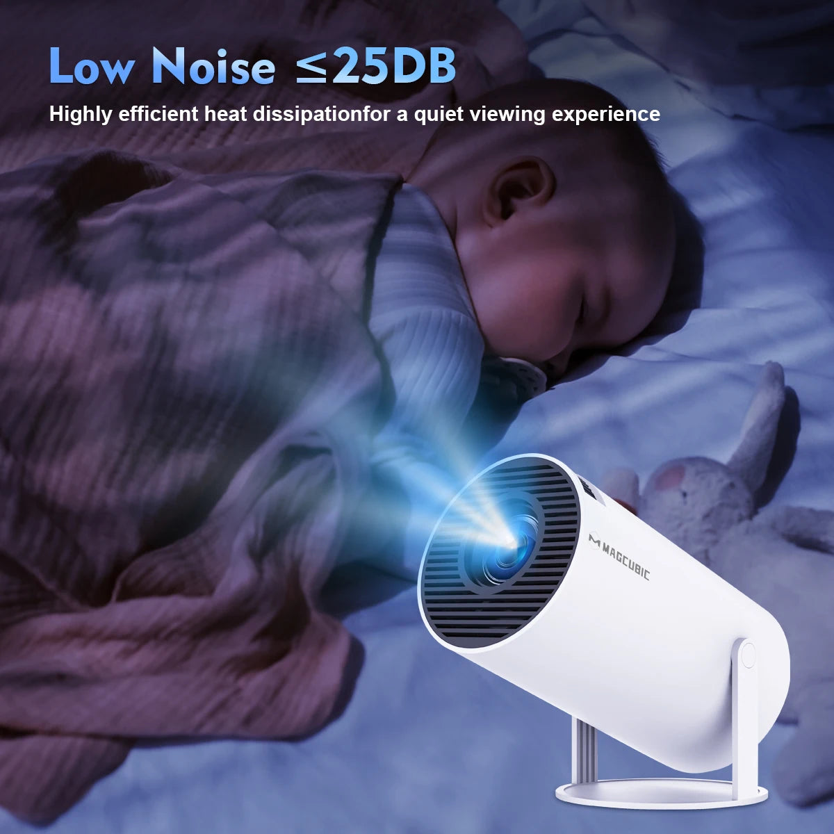 Baby lying down with a white projector emitting light, text about low noise and heat dissipation.
