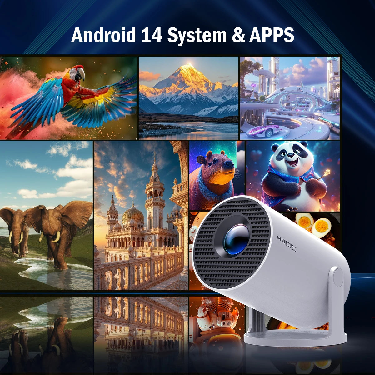 Collage of scenic and animated images with a projector in the foreground, labeled 'Android 14 System & APPS'.