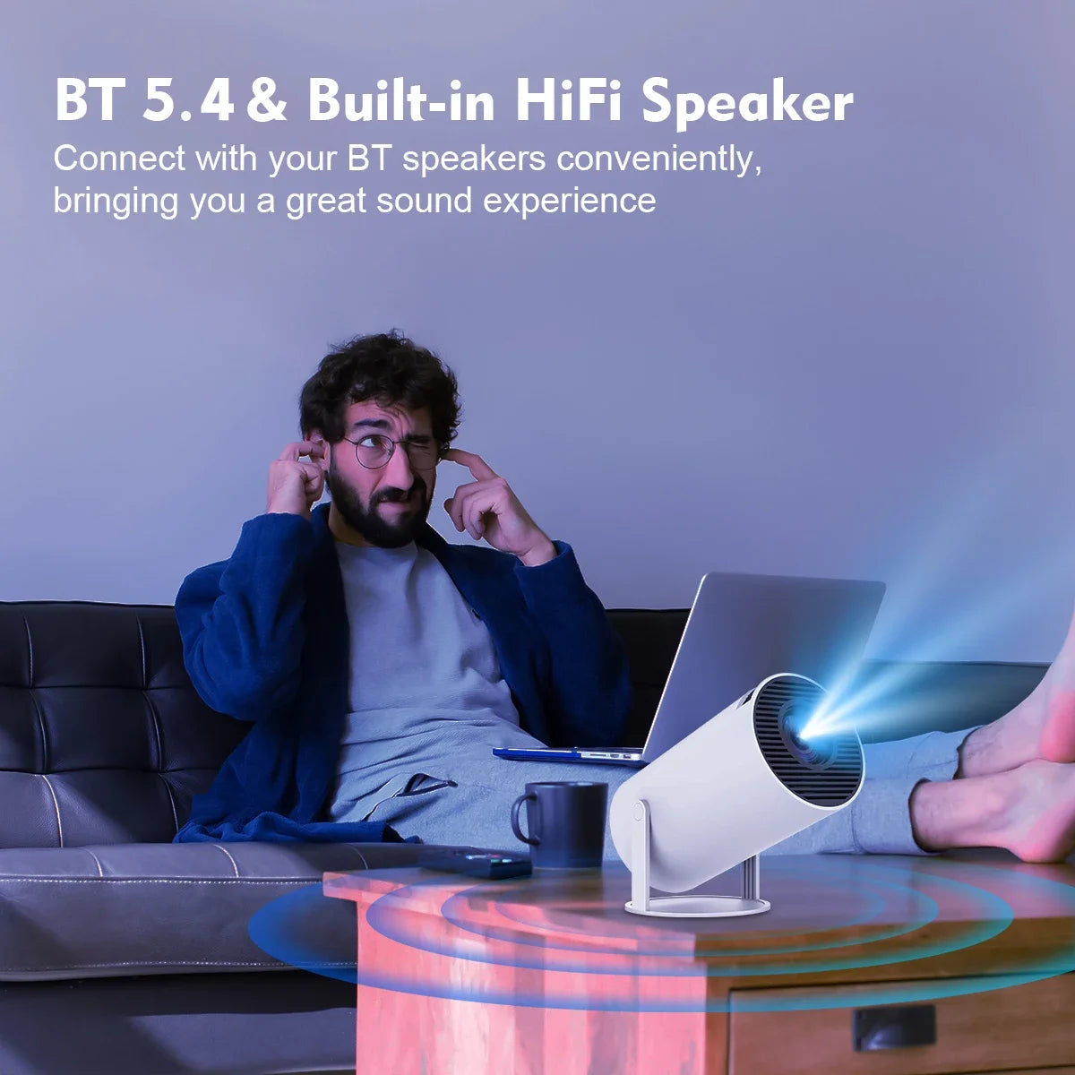 Person using a laptop with a built-in HiFi speaker on a table, text about BT 5.4 connectivity.