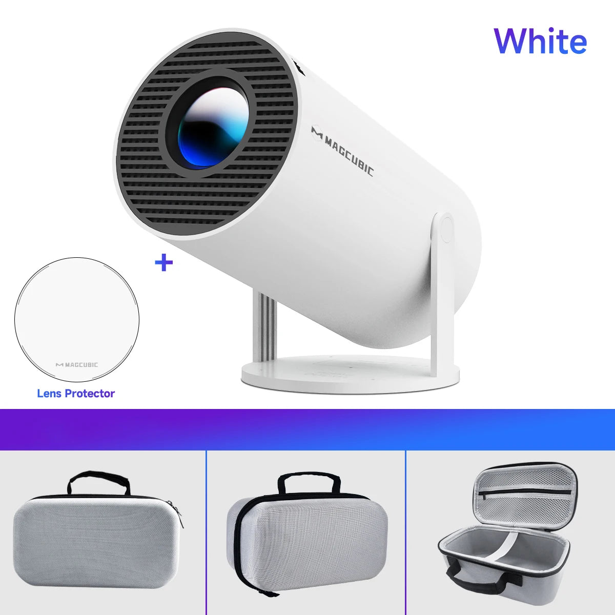 White projector with lens protector and carrying case on a white background