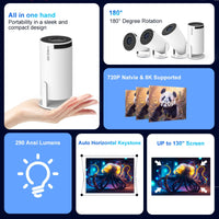 Product features of a portable display device with text highlighting its capabilities.
