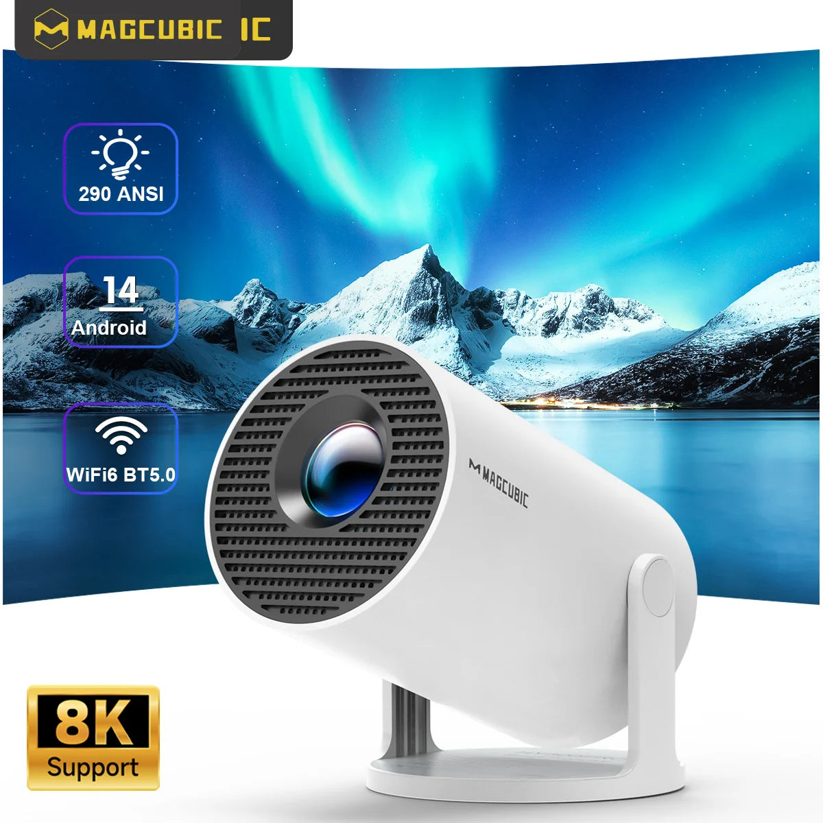 White projector with Magcubic branding against a scenic mountain and lake background