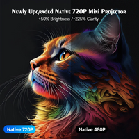 Colorful cat illustration with text about a newly upgraded Native 720P Mini Projector.