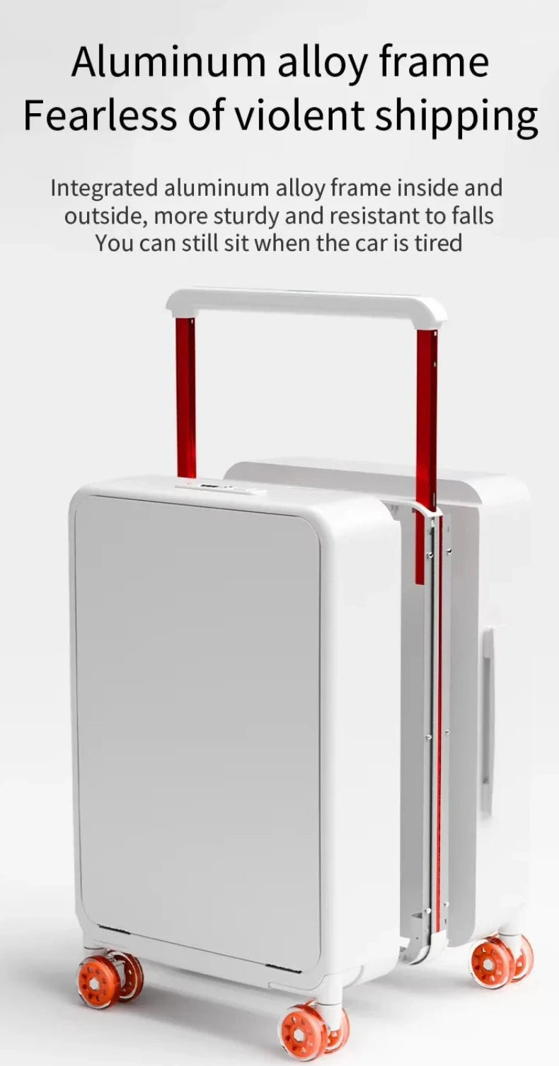 White suitcase with red accents on a white background, featuring text about an aluminum alloy frame.