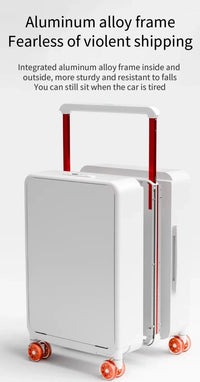 White suitcase with red accents on a white background, featuring text about an aluminum alloy frame.
