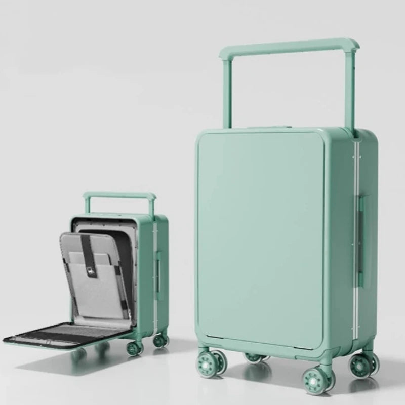 Mint green suitcase with open front compartment on a light gray background