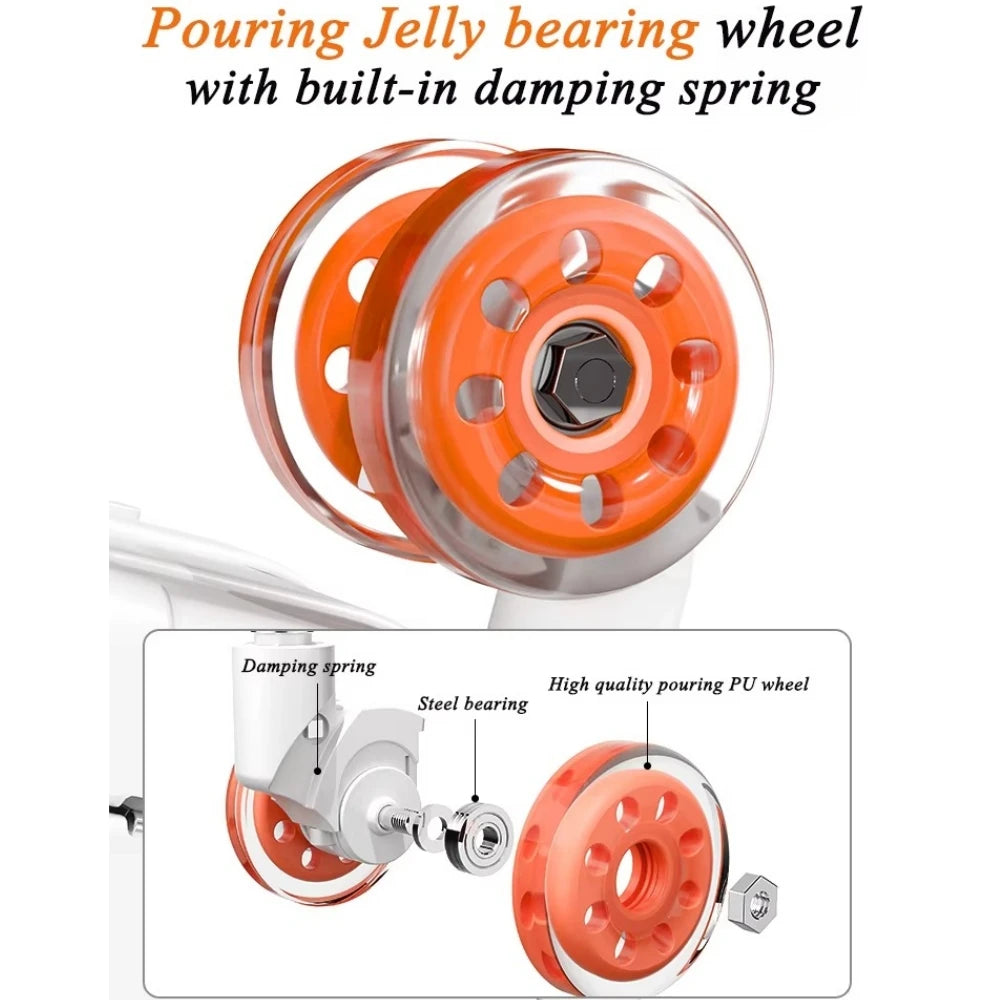 Orange jelly bearing wheel with damping spring and text on a white background