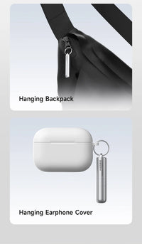 Hanging backpack and earphone cover with keychain on a light gray background