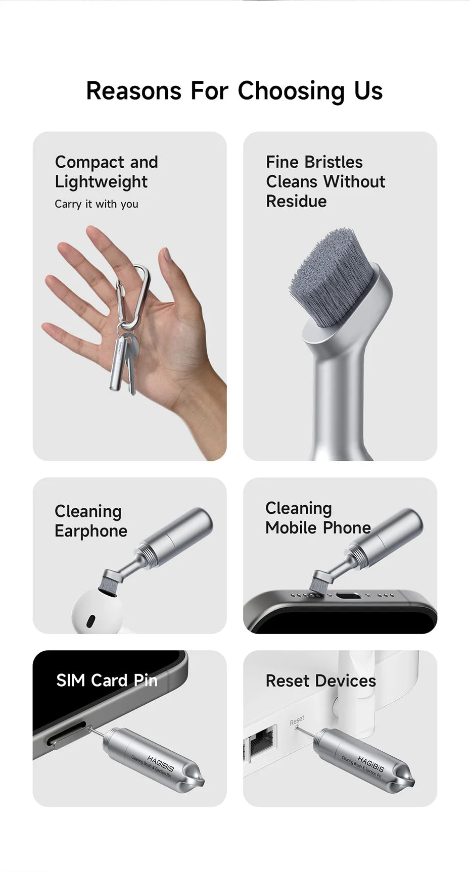 Cleaning tool with various uses and benefits displayed on a white background