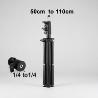 Black adjustable stand with measurement details on a white background