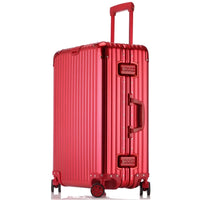 Red suitcase with handle and wheels on a white background