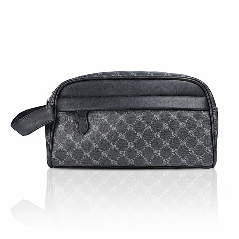 Gray toiletry bag with black accents on a white background
