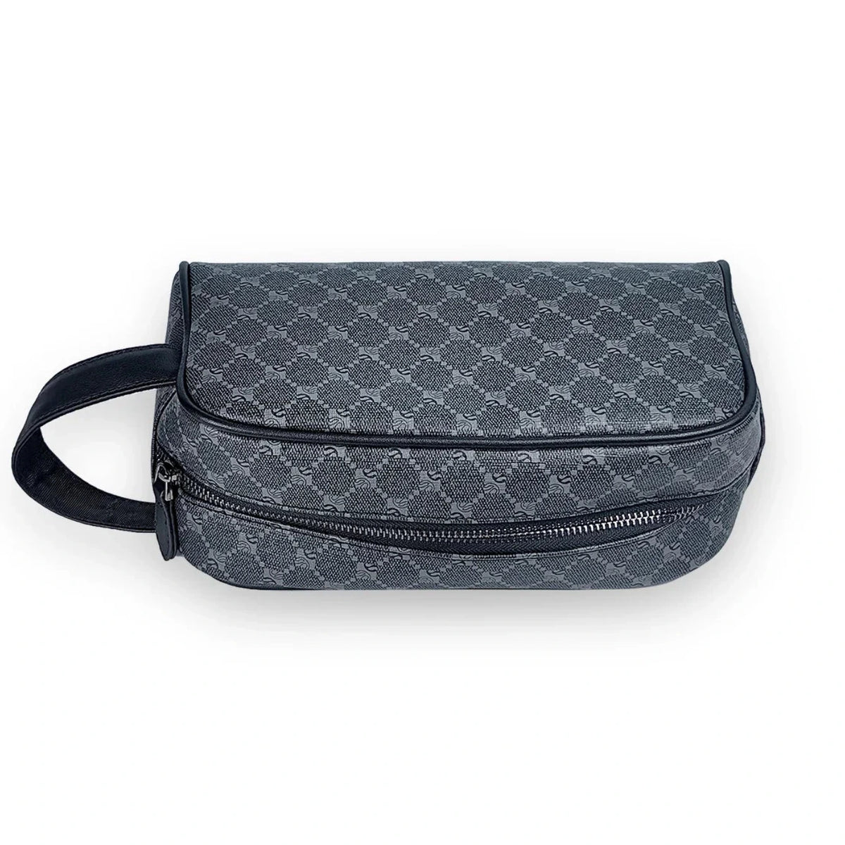 Gray toiletry bag with black handle on a white background