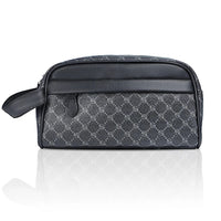 Gray toiletry bag with black accents on a white background
