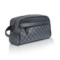 Gray patterned toiletry bag with black handle on a white background