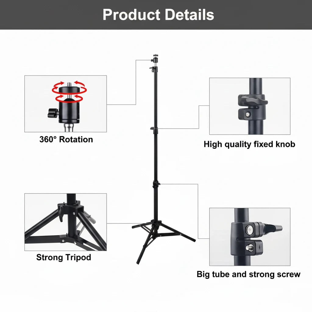 Product details of a stand with features like 360-degree rotation, high-quality fixed knob, strong tripod, and big tube with strong screw.