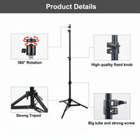 Product details of a stand with features like 360-degree rotation, high-quality fixed knob, strong tripod, and big tube with strong screw.
