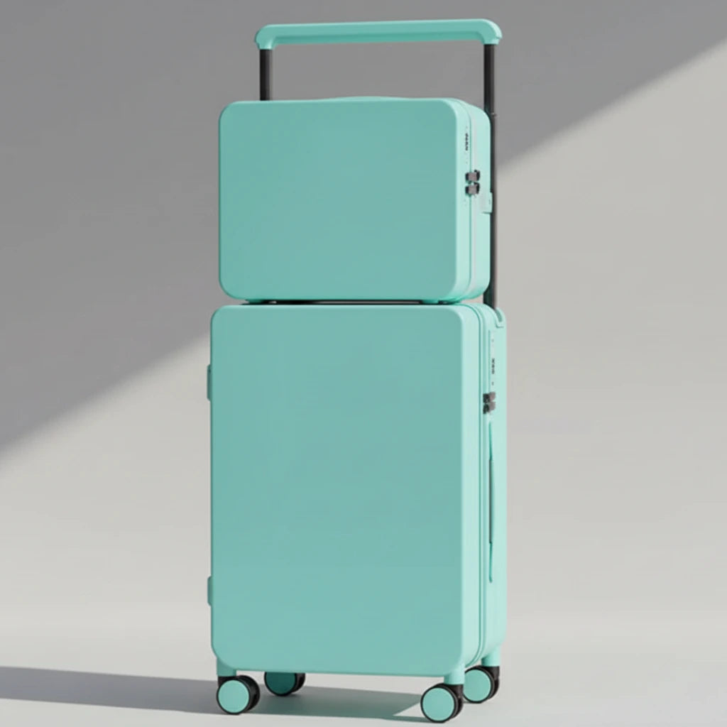 Turquoise suitcase set on a wooden floor with a neutral background
