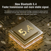 Gold Bluetooth 5.4 chip on a circuit board with text about faster transmission and stable signal.