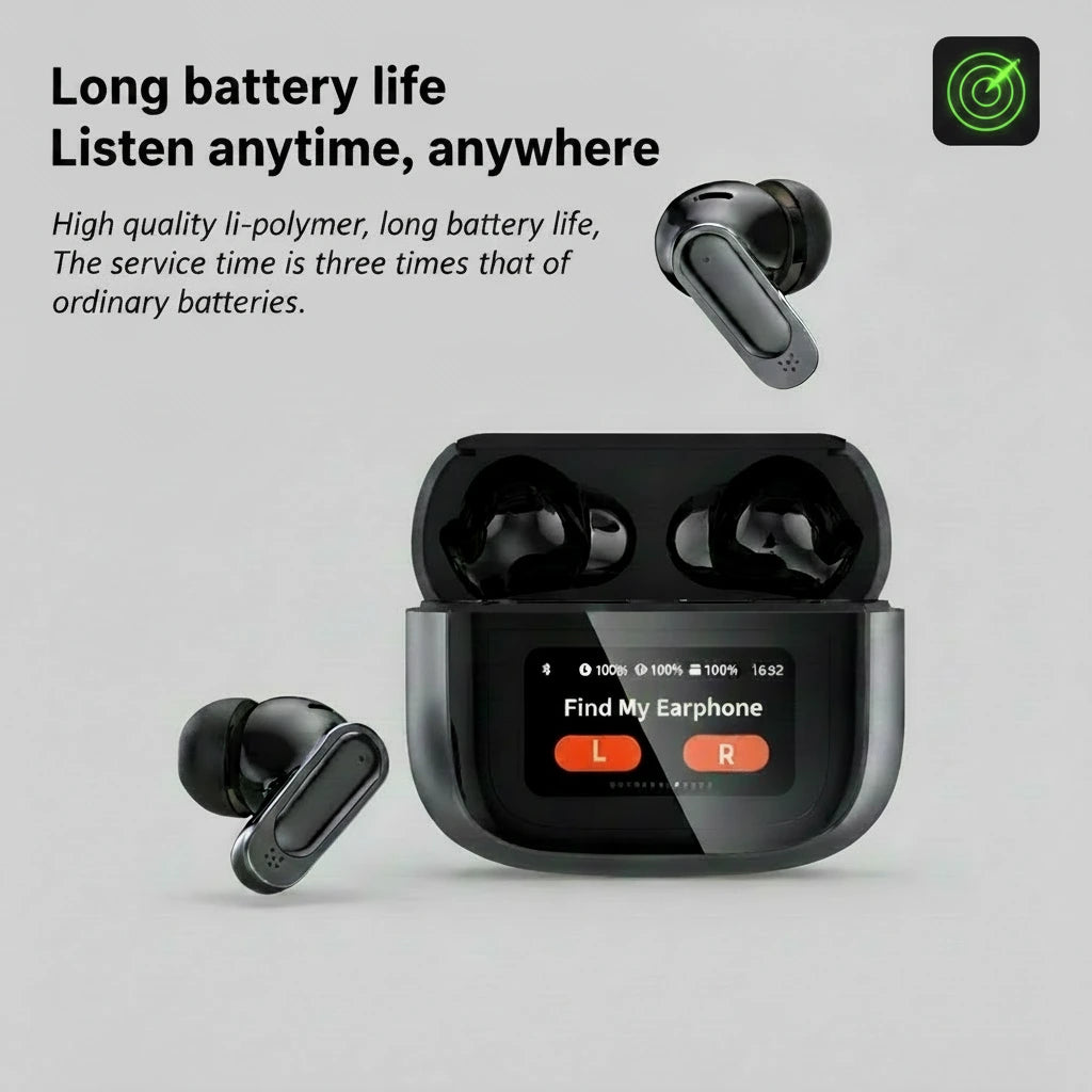 Wireless earbuds with charging case on a beige background, highlighting long battery life.