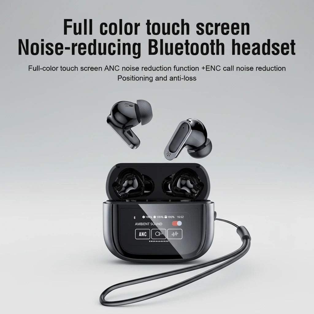 Noise-reducing Bluetooth headset with charging case on a futuristic background