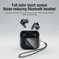 Noise-reducing Bluetooth headset with charging case on a futuristic background